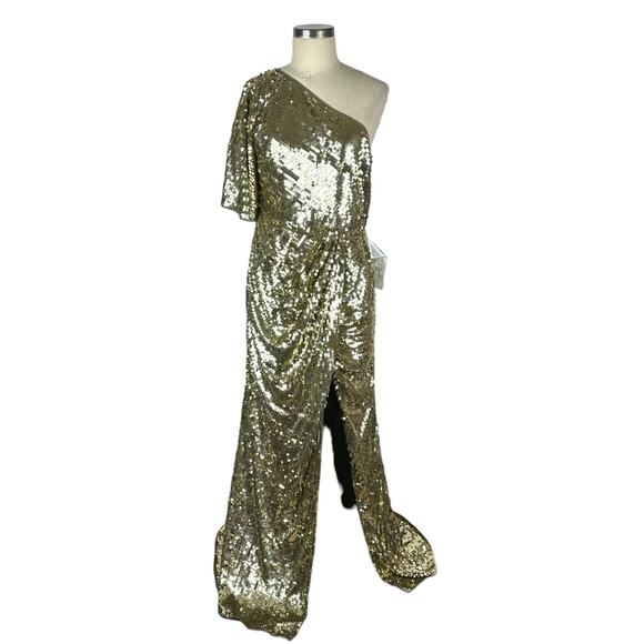 MAC DUGGAL 93540 One Shoulder Flutter Sleeve Gold Sequin Gown Women's Size 10 - Picture 2 of 9